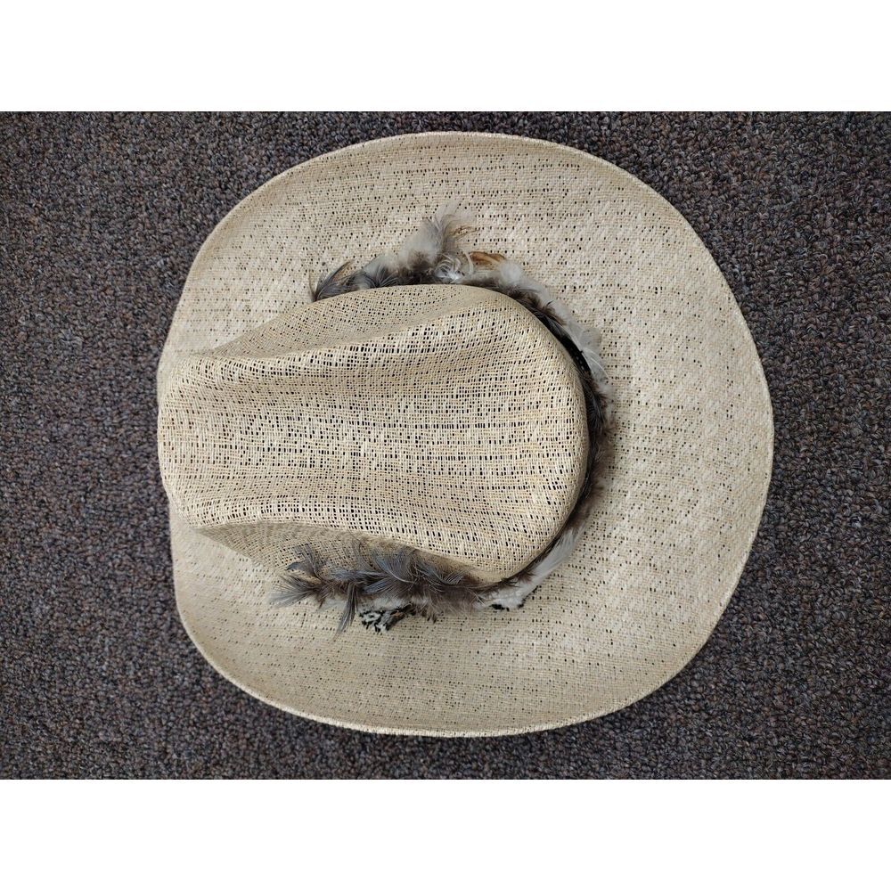 Vintage Texas Style Comanche Straw Cowboy Hat with Feathers USA 6 7/8 MX 55 80's - Picture 5 of 12